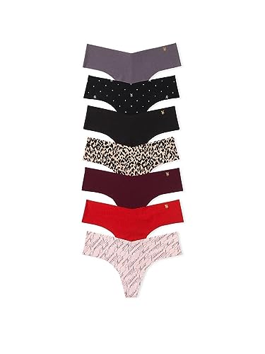 Victoria's Secret No Show Thong Underwear Pack, Panties for Women, Raw Cut Edges, 7 Pack, Playful Solids & Prints (L)