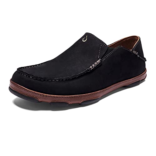 OLUKAI Moloa Men's Leather Slip On Shoes, Waxed Nubuck Leather & Soft Moisture-Wicking Lining, Drop-in Heel & All Weather Rubber Soles, Black/Toffee, 11.5