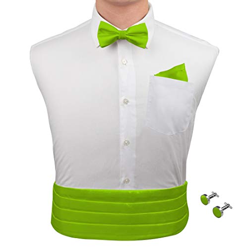 EPOINT Formal Cummerbunds Green 100% Silk Solid Cummerbund Handkerchief Cuff Set Clip-On Adjustable Parties Admisson To School CM1001 Yellow Green