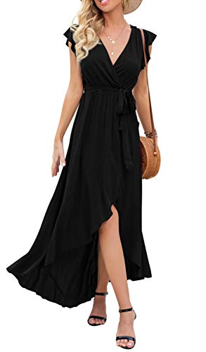 GRECERELLE Women's Summer Casual Cross V Neck Dress Bohemian Flowy Long Maxi Dresses Black-Large