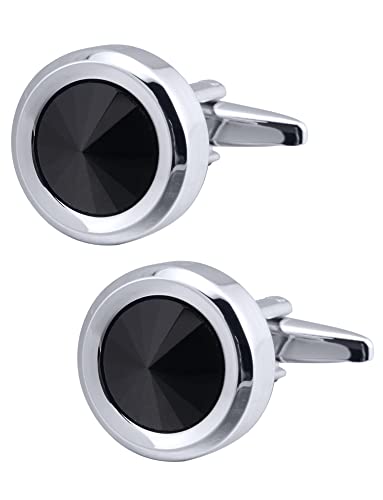 Jonwo Round Diamond Cutting Crystal Men Cufflinks With Gift Case French Cuff Shirt Unisex Cuff Link Buttons for Business Wedding Tuxedo (Black)