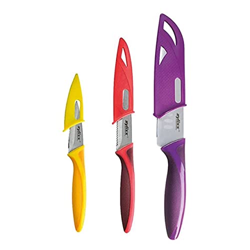 Zyliss 3 Piece Mini Santoku Knife Set with Sheath Covers, Stainless Steel/Pur...