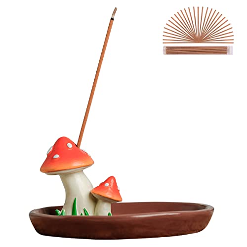 Cute Mushroom Incense Holder with 30 Incense Sticks, Handmade Incense Stick Burner, Nature Theme Incense Tray, Adorable Home Decoration Accessories(Brown)
