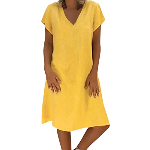 Women's Short Sleeve V Neck Loose Midi Linen Dress Casual Summer Solid Color Cotton Linen Dresses with Pockets