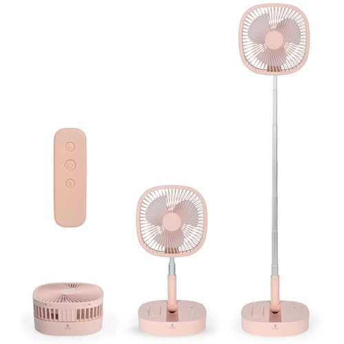 Portable Pedestal Fan - Foldaway Standing Fan Foldable Desk Fan, Use 7200Mah Rechargeable Battery, Remote Control Telescopic 4 Speed Quiet Timer Fan for Home Kitchen Outdoor Camping (Pink)