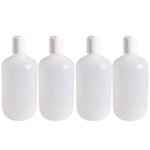 kelkaa 32oz HDPE Durable Plastic Squeeze Bottles with White Press Disc Top Cap for Shampoo, Conditioner, Body Soap, Lotion, Multi-Purpose Empty Refillable Boston Round Bottles (Pack of 4)