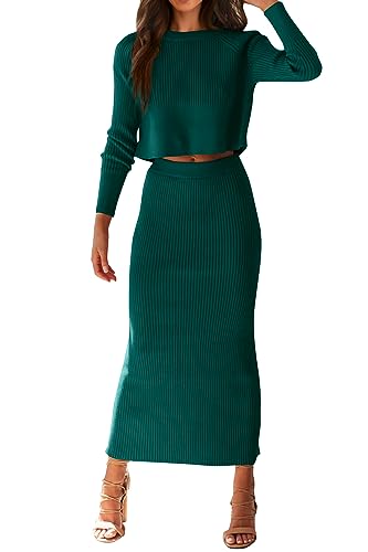 PRETTYGARDEN Women's Winter 2 Piece Sweater Set Rib Knit Long Sleeve Crop Top Maxi Bodycon Skirt Casual Outfits Dress (Dark Green,Large)
