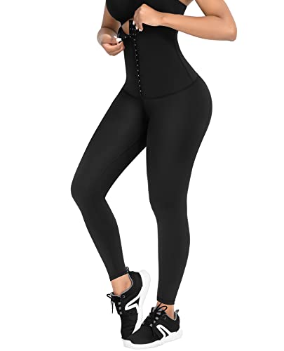 FeelinGirl High Waisted Workout Compression Leggings for Women Tummy Control Yoga Pants with Waist Trainer Attached Black