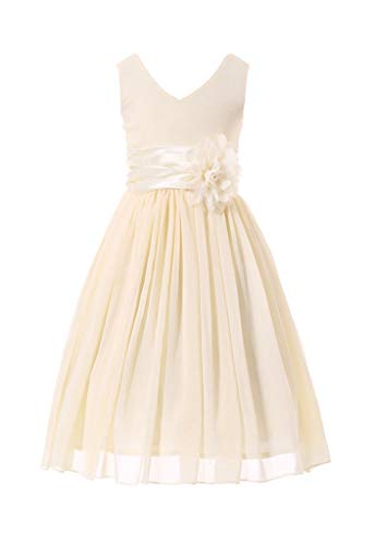 Bow Dream Flower Girl Dress Junior Bridesmaids V-Neckline Chiffon Cream Ivory 12