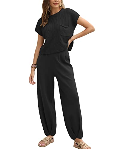 Ugerlov Women's Two Piece Outfits Sweater Sets Knit Pullover Tops and High Waisted Pants Lounge Sets, Black, S