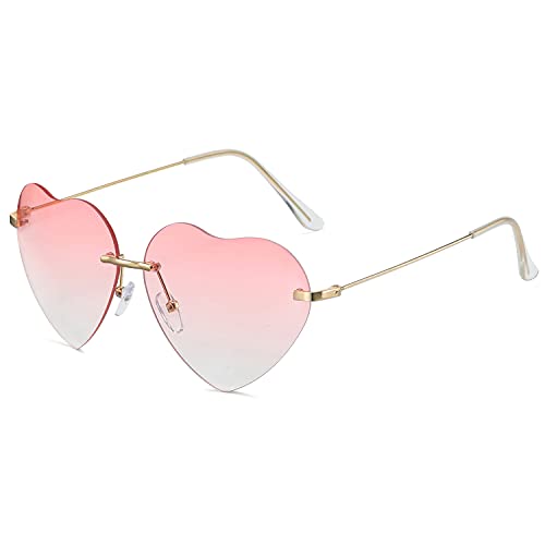 Dollger Pink Heart Sunglasses Women Rimless Sunglasses Thin Metal Frame Sunglasses