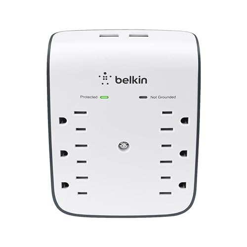 Belkin 6-Outlet Wall Surge Protector w/ 2 USB Ports - Wall Mountable w/ Premium Protection Against Surges - Safe Charge for Mobile Devices, Tablets, Small Appliances, & More - 900 Joules of Protection