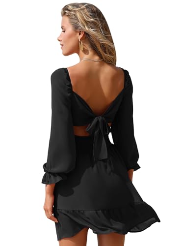 EXLURA Women Tie Back Summer Dresses Long Lantern Sleeve Square Neck Ruffle Elastic Waist Aline Casual Mini Dress