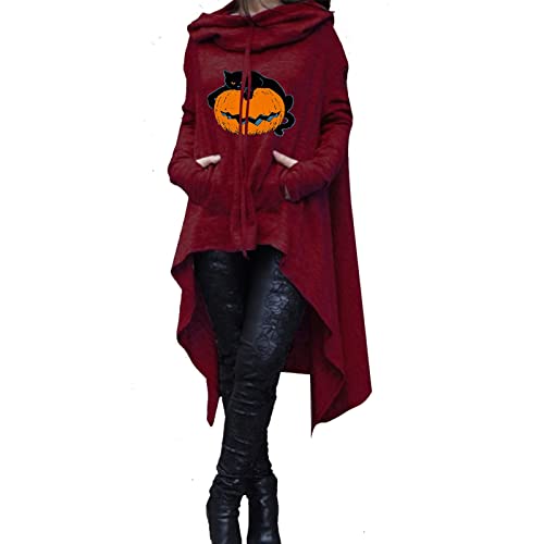 symoid women's halloween costumes Halloween Costumes for Women Pumpkin Face Print Scary Hoodie Dress Long Sleeve Hooded Pullover Funny Holiday Cat Tops Wine S