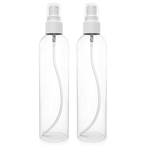 BRIGHTFROM Fine Mist Spray Bottles 8 OZ, Empty Refillable Containers - Essential Oils, Disinfectant Spray, Water 2 PACK (Clear, White Mist)