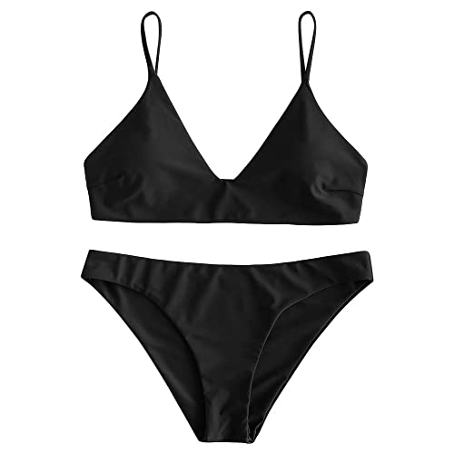 ZAFUL Women's Solid Spaghetti Strap Bralette Bikini Set Two Piece Swimsuit (1-Black, M)