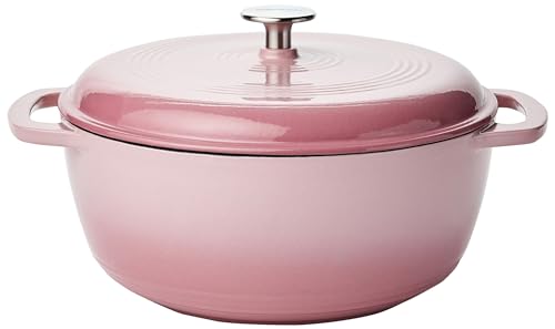Amazon Basics Enameled Cast Iron Covered Round Dutch Oven, 6 Quart, Light Pink
