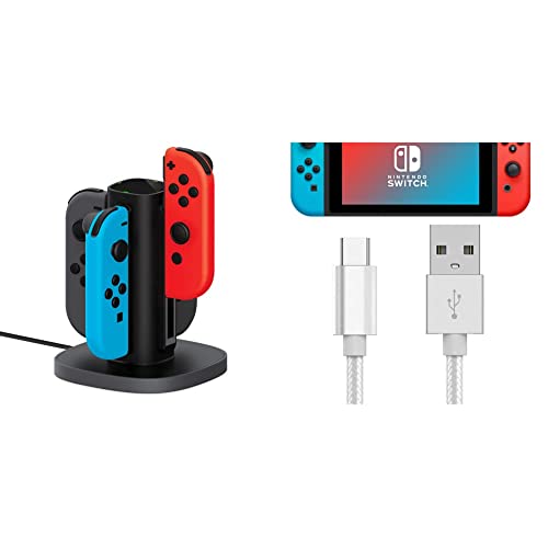 TALK WORKS Joy Con Charging Dock - Black & USB C Charger Cable for Nintendo Switch/Lite & Pro Controller - 6ft Nylon Braided USB Type C Charging Cable - Silver