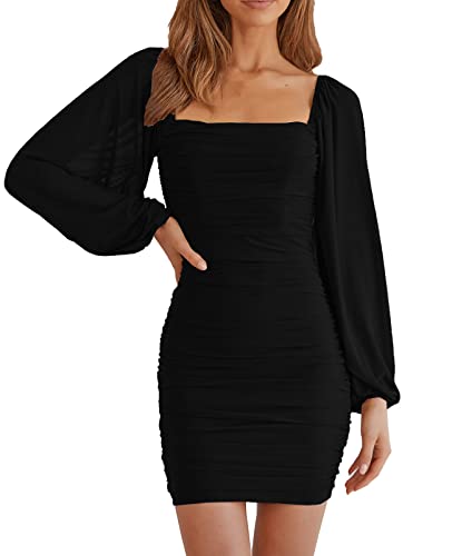 MEROKEETY Women's 2023 Square Neck Lantern Long Sleeve Mesh Ruched Bodycon Clubwear Mini Dress Black Small