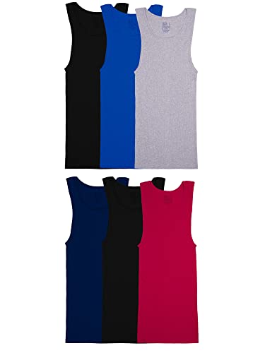 Fruit of the Loom Men's Sleeveless Tank A-Shirt, Tag Free & Moisture Wicking, Ribbed Stretch Fabric, 6 Pack-Assorted Colors, Large
