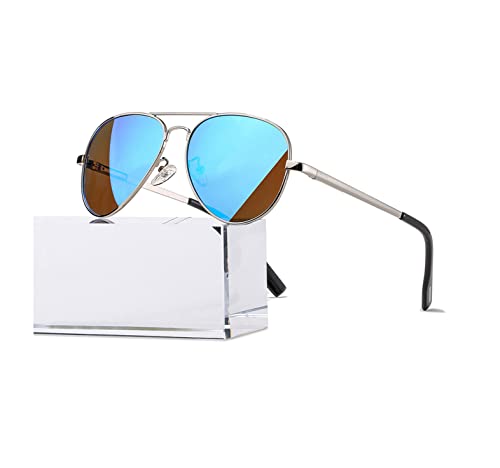 HJSTES Polarized Aviator Sunglasses for Women Men Classic Metal Shades Mirror Lens 100% UV Blocking, 58mm(Silve Frame/Blue Mirrored)