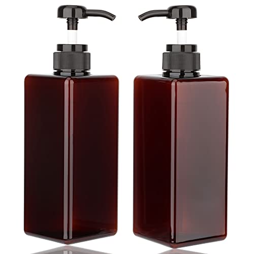 Pump Bottle Dispenser 22oz/650ml Jansburg 2Pack Refillable Square Plastic Lotion Dispenser Empty Lotion Pump Bottle for Essential Oil Lotion, Shampoo, Bathroom Travel Amber