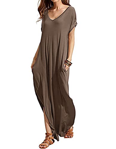 Match Women V-Neck Long Sleeve Plain Irregular Pockets Long Dress #152(Khaki,XXL)