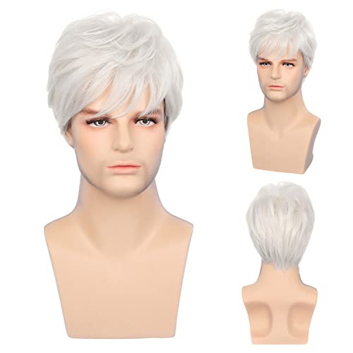 Mens White Wigs Short Layered Natural Cosplay Costume Halloween Synthetic Heat Resistant Replacement Wig with Wig Cap