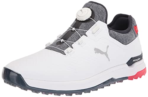 PUMA Men's Proadapt Alphacat Disc Golf Shoe, White/Navy Blazer/High Risk Red, 10.5