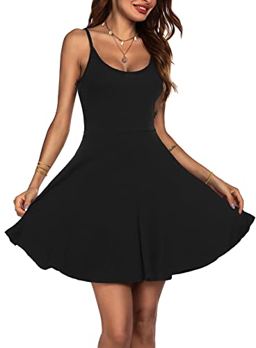 ACEVOG Summer Dresses for Women Beach Casual Black Spaghetti Strap Fit & Flare Sundress Short V Neck Island Vacation Dresses