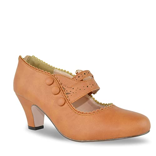 V-Luxury Womens 36-MINA4 Closed Toe Mary Jane High Heel Shoes, Tan PU Leather, 10 B (M) US