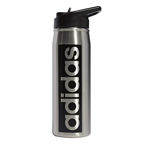 adidas 600 ML (20 oz) Straw Top Metal Water Bottle, Hot/Cold Double-Walled Insulated 18/8 Stainless Steel, Stainless Steel/Black, One Size