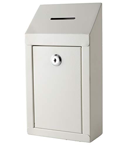 Metal Donation Box Charity Steel Collection Box Office Suggestion Box Secure Box With Top Slot and Lock with Keys Wall Mount with pre drilled holes 10x6x2.5' Key Drop Box for Home Office(Off White)