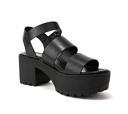 Topshoe Avenue Donna ~ Women Open Toe Two Bands Lug sole Fashion Block Heel Sandals with Adjustable Ankle Strap (Black PU, 9, us_footwear_size_system, adult, women, numeric, medium, numeric_9)