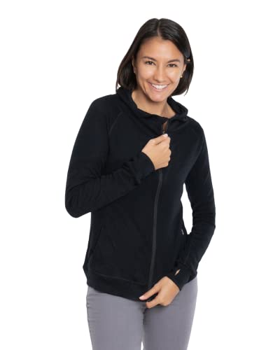 Woolly Clothing Women's Merino Pro-Knit Wool Zip Hoodie Sweatshirt - Mid Weight - Wicking Breathable Anti-Odor - Black - M