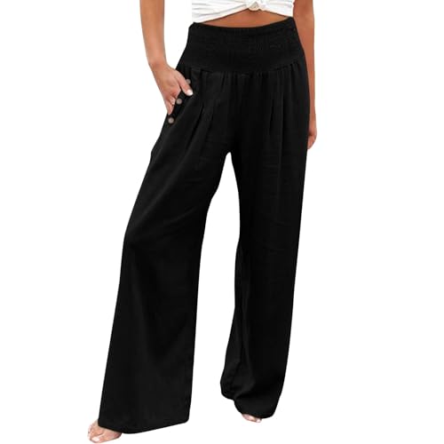 Women's Casual Pants,Todays Daily Deals Clearance,Wide Leg Pants for Women Elastic High Waist Lounge Long Pant with Pocket Cotton Loose Travel Pants Solid Color PantBlackSmall