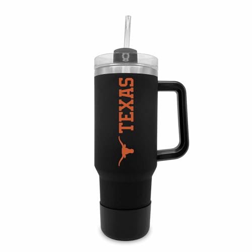 Campus Colors College & University 40 oz Travel Tumbler With Handle - Dual Option Lid With Straw - Vacuum Insulated Stainless Steel (Texas Longhorns - Black)