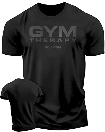 Workout Shirts for Men - Gym Therapy - Gym Shirt, Funny Lifting T-Shirt (LG, Gym Therapy Black on Black)