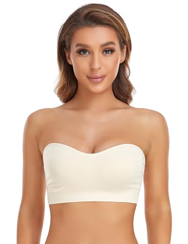 Lusait Strapless Bra for Women Non-Slip Silicone Padded Bandeau Bra Wireless Tube Top Bra Beige M