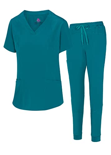 Natural Uniforms Womens Cool Stretch Jogger Scrub Set (Teal, Large)