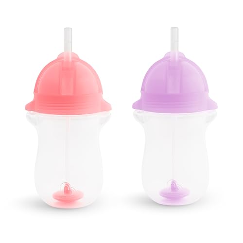 Munchkin Any Angle Weighted Toddler Straw Cup with Click Lock Lid, 10 Ounce, 2 Pack, Pink/Purple