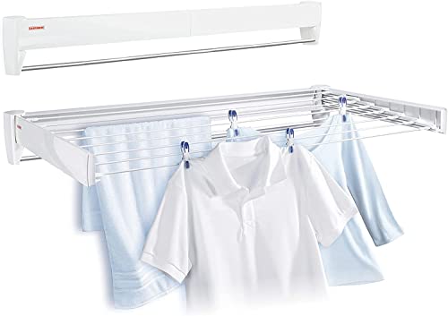 Leifheit 83100 Telefix 100 Wall Mount Retractable Plastic Clothes Drying Rack for Storage | 8 Drying Rods | White