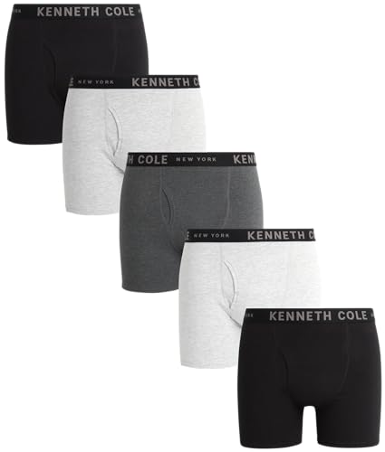Kenneth Cole Men's Underwear - Cotton Stretch Boxer Briefs with Pouch - 5 Pack Classic Multipack Boxer Briefs for Men (S-XL), Size Medium, Black/Charcoal/Grey