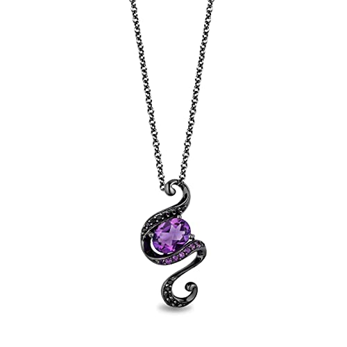 Jewelili Enchanted Disney Fine Jewelry Black Rhodium over Sterling Silver 8x6 MM Oval Shape Amethyst and 1/10 Cttw Treated Black Round Diamond Ursula Pendant Necklace, 18' Cable Chain