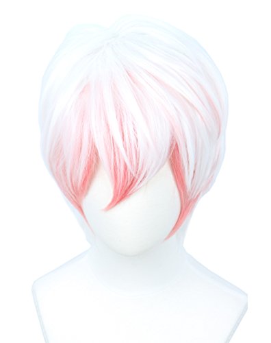 Linfairy Short Straight Pink White Cosplay Wig Halloween Costume Full Wig for Men