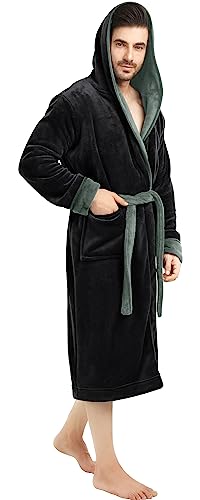 NY Threads Mens Hooded Fleece Bathrobe Plush Long Spa Robe, Small-Medium, Black Steel Grey