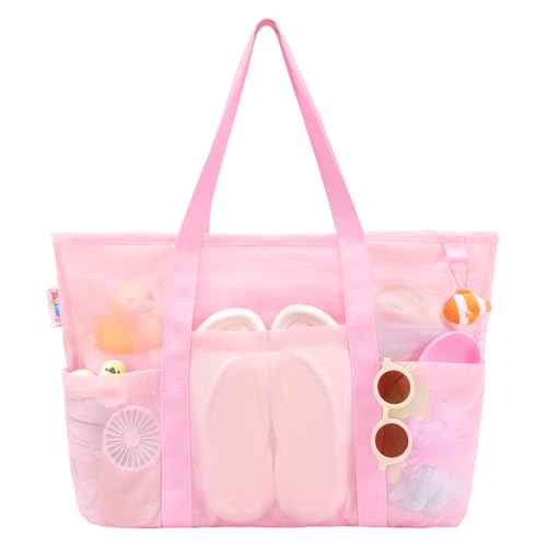 Tagitary Mesh Beach Bag with Zipper, Large Beach Tote Waterproof Sandproof with 8 Pockets for Beach Toys Storage Swim Pool Bag Beach Accessories for Vacation Sports Camping Picnic Travel Bag