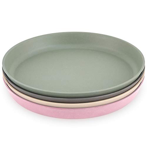 WeeSprout Bamboo Plates, Set of 4, Kid-Sized Bamboo Kids Plates, Dishwasher Safe Bamboo Plates for Kids (Pink, Green, Gray, & Beige)