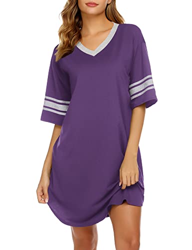 Ekouaer Womens, Nightgown Nightshirt, Cotton Novelty Sleepshirts, V Neck, Short Sleeve, Loose Comfy Pajama Sleepwear, A_purple, X-Large