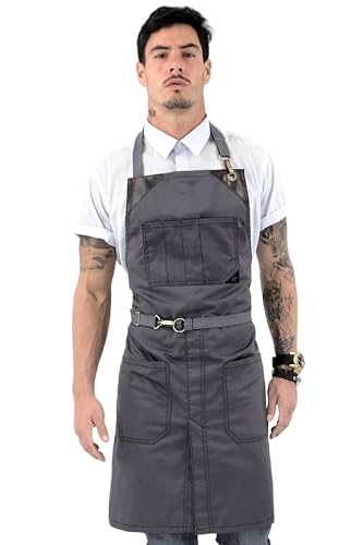 Under NY Sky No-Tie Armor Gray Apron – Durable Twill with Leather Reinforcement, Split-Leg – Adjustable for Men and Women – Pro Barber, Tattoo, Barista, Bartender, Baker, Hair Stylist, Server Apron